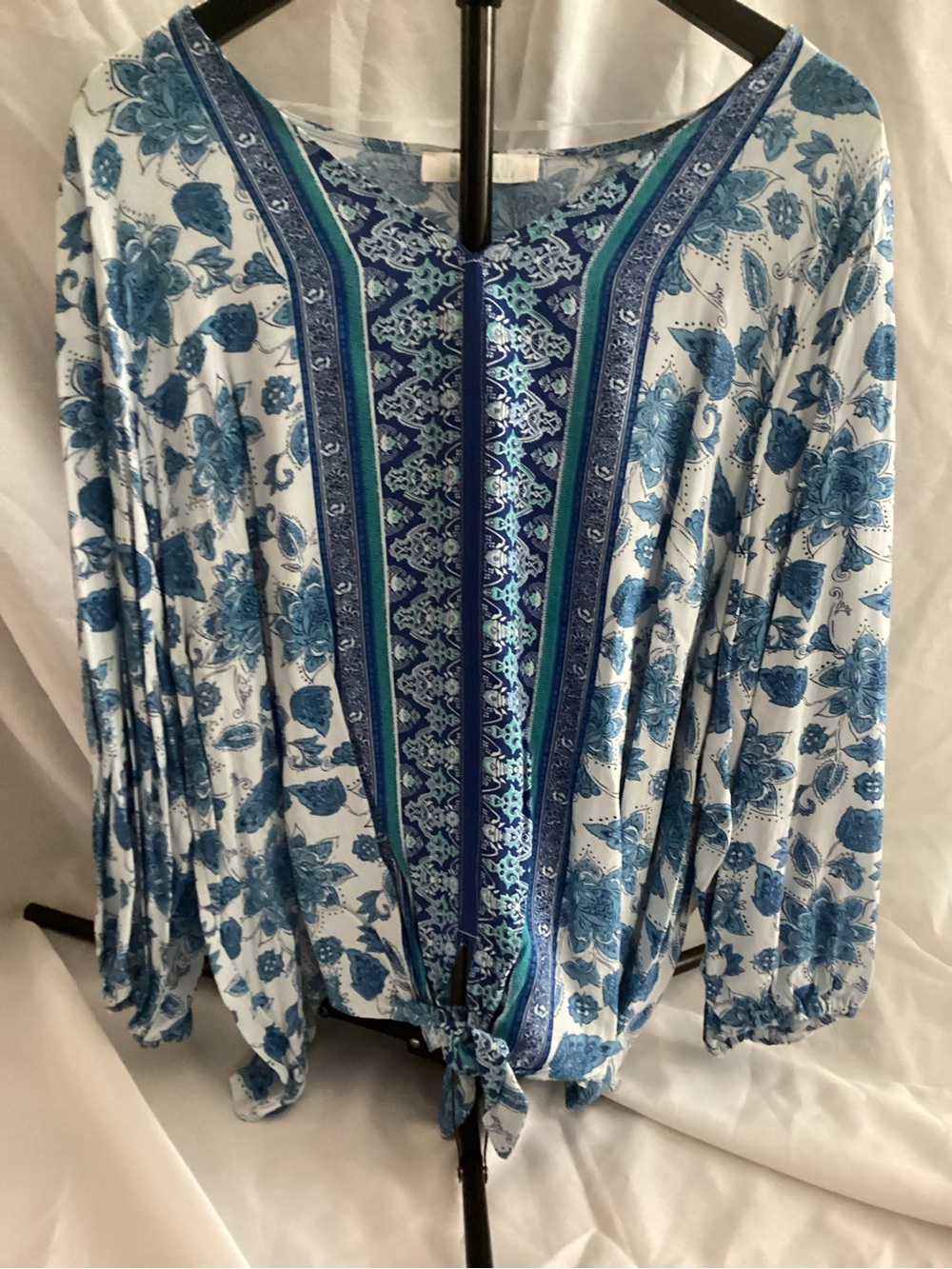 Blue Floral Tie-Front Long Sleeve Women's Top